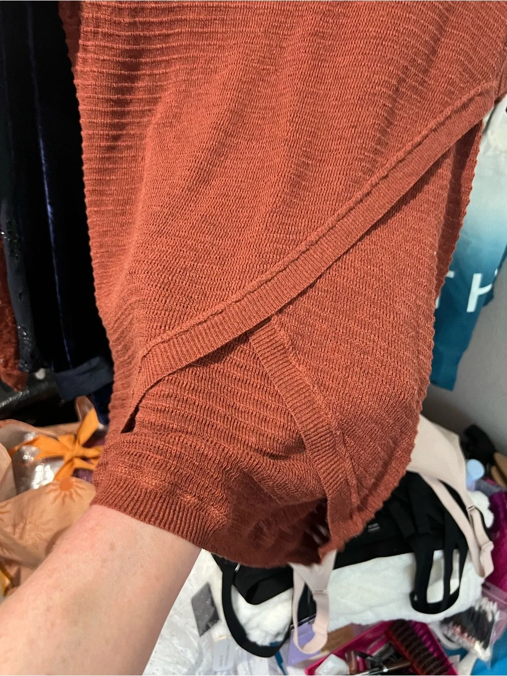 Free People Split - Back Boat Neck Rust /Terracotta Lace-Trim Sweater